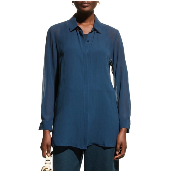 Eileen Fisher Tops - Eileen Fisher Sheer Silk Georgette Classic Collar Shirt Teal M